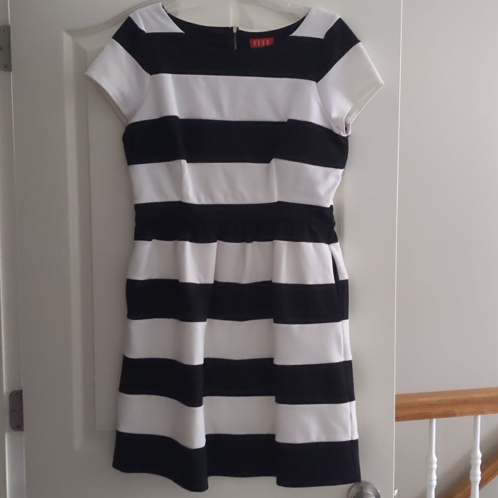 Elle Black and White Striped Short Sleeve Fit-and-Flare Dress